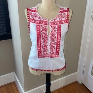 White and Red Boho Pom Pom Trimmed Top
